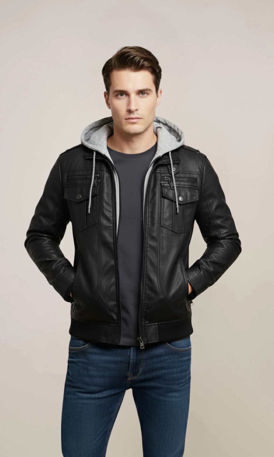 Men’s Black Biker Hood Leather Jacket