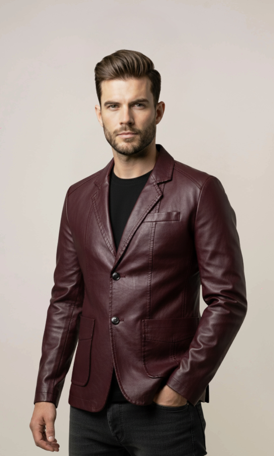 Men's Maroon Winter Leather Blazer Jacket