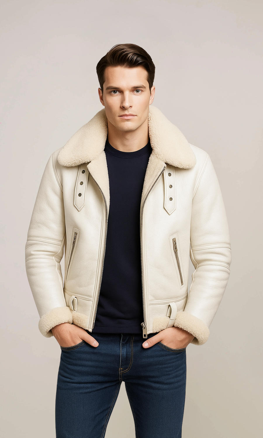Men’s White B3 Bomber Sheepskin Fur Aviator Leather Jacket