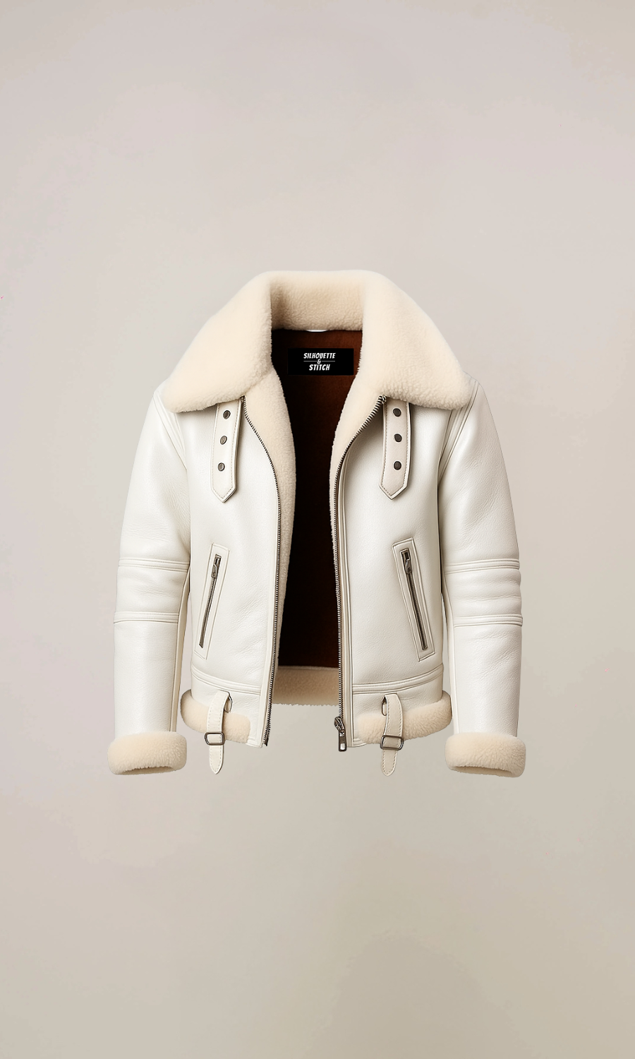 Men’s White B3 Bomber Sheepskin Fur Aviator Leather Jacket