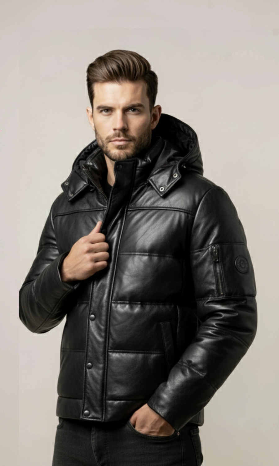 Men's Lambskin Hooded Puffer Leather Jacket