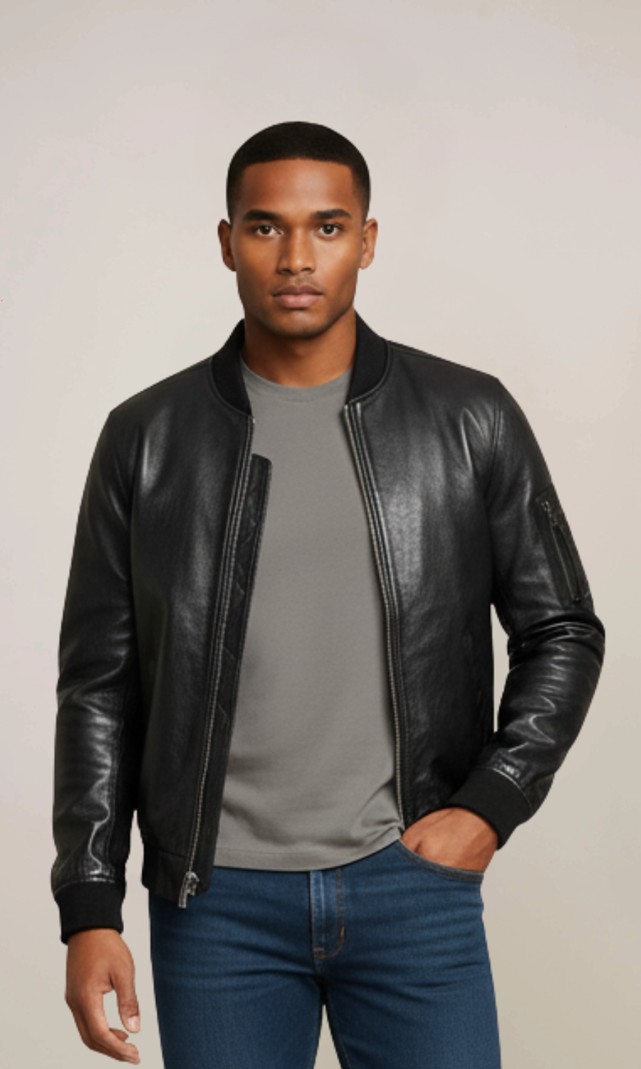 Men’s Black MA-1 Cowhide Bomber Leather Jacket
