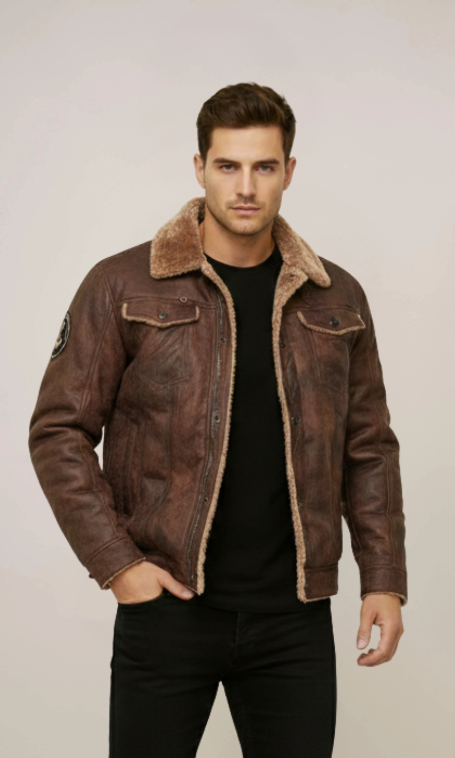 Men’s Brown Fur Collar Vintage Leather Jacket