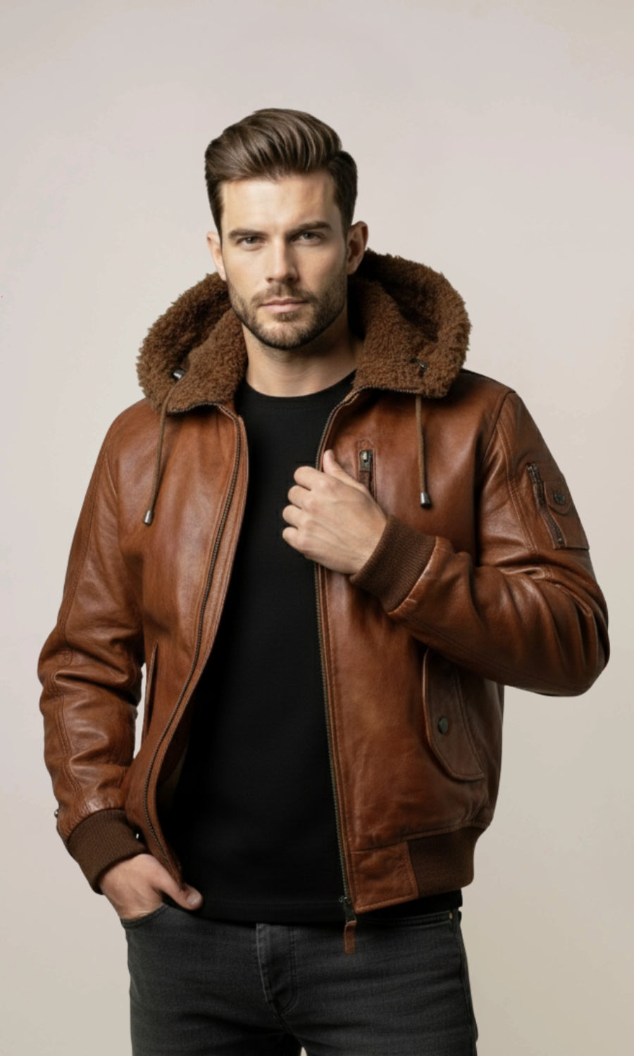 Men’s Brown Hood Aviator Vintage Leather Jacket
