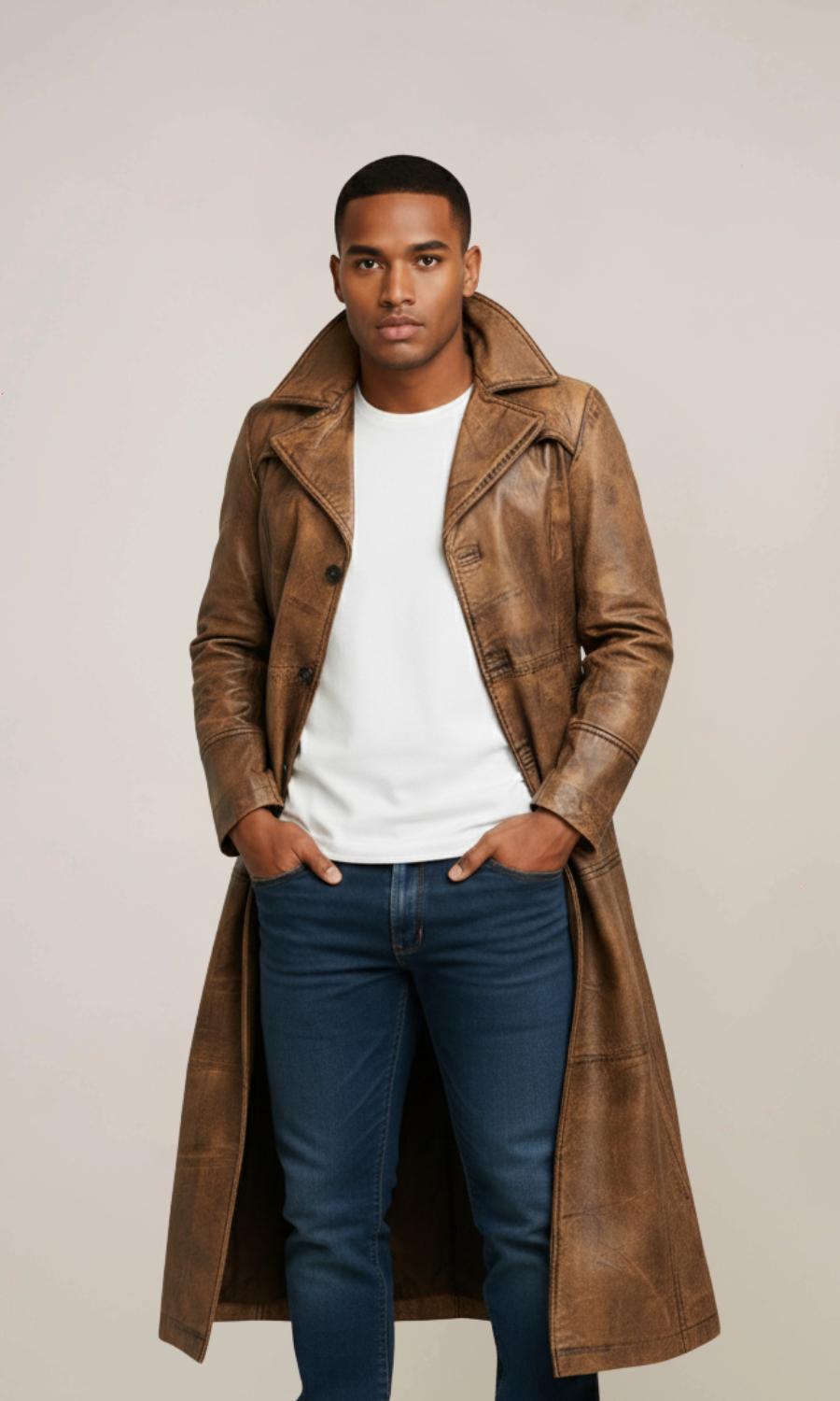 Men’s Brown Distressed Leather Duster Trench Coat