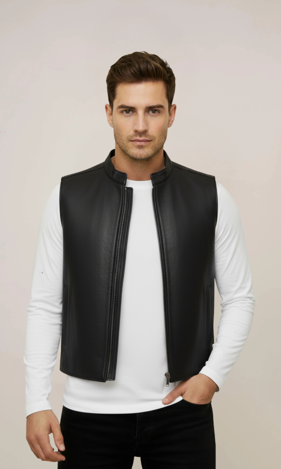 Men’s Black Pocket Zipper Leather Vest