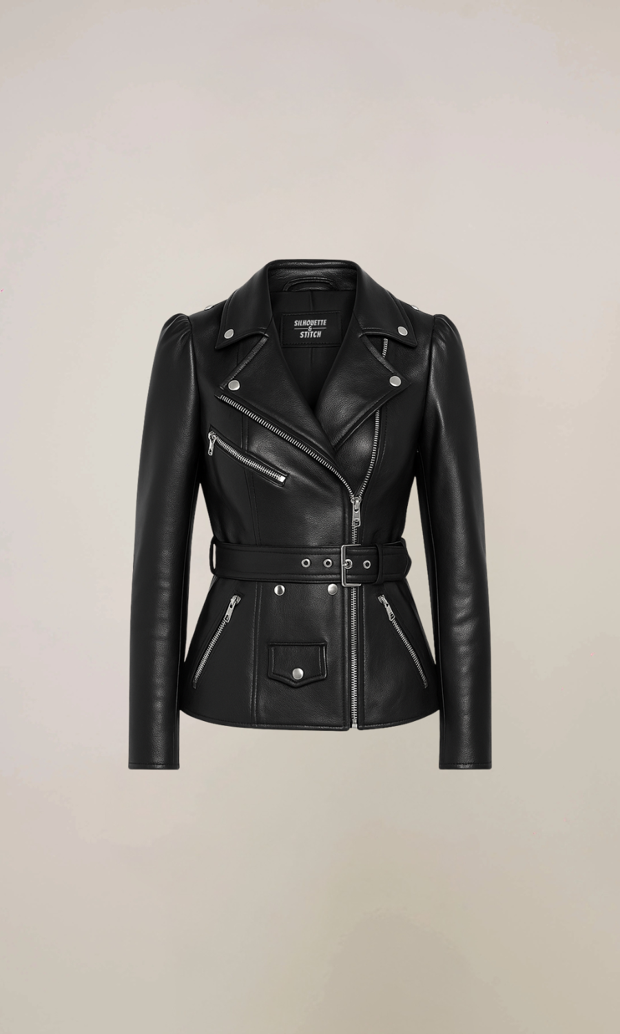 Women's Black Belted Biker Leather Jacket