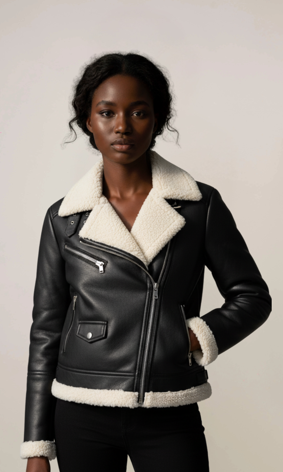 Women’s Black Biker Shearling Aviator Leather Jacket