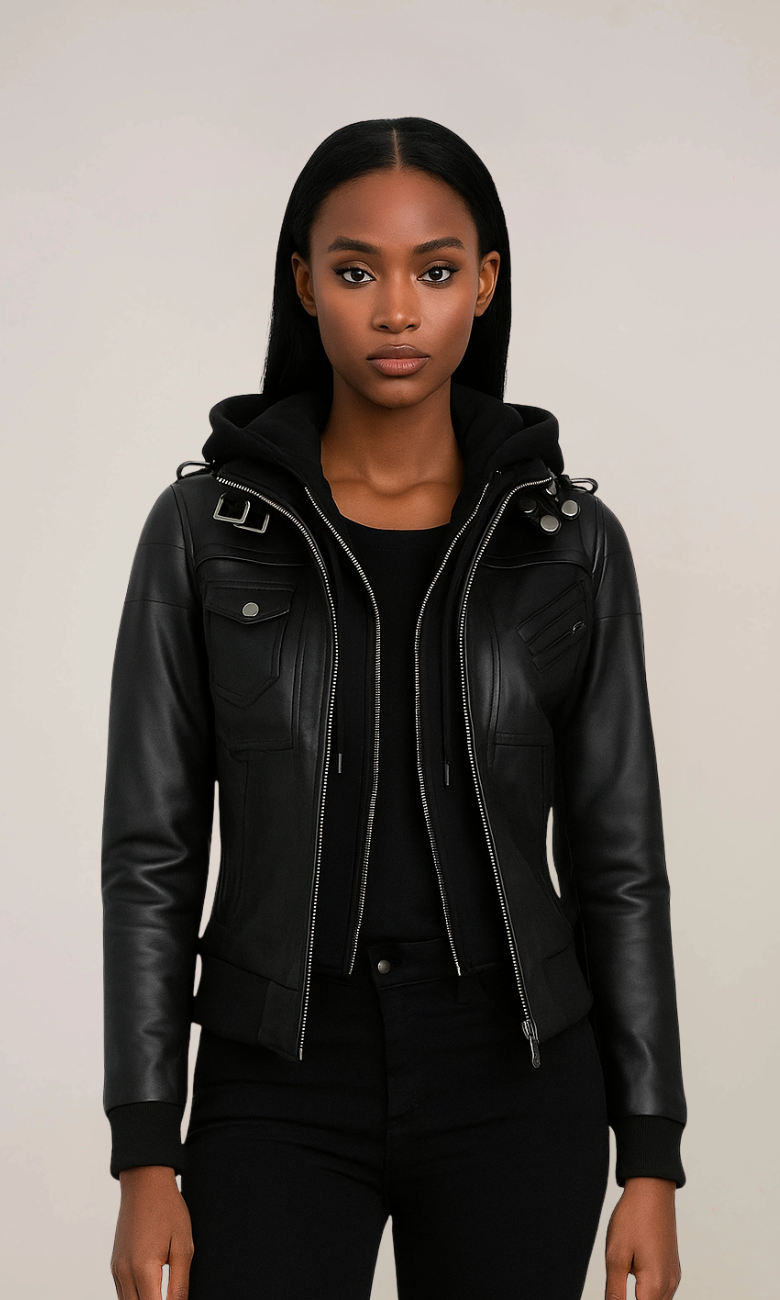 Women’s Black Hooded Leather Bomber Jacket