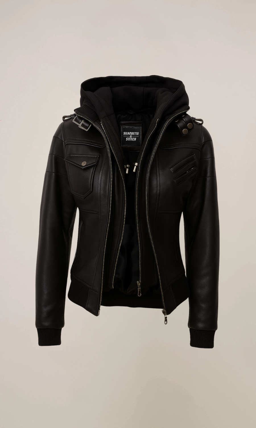 Women’s Black Hooded Leather Bomber Jacket