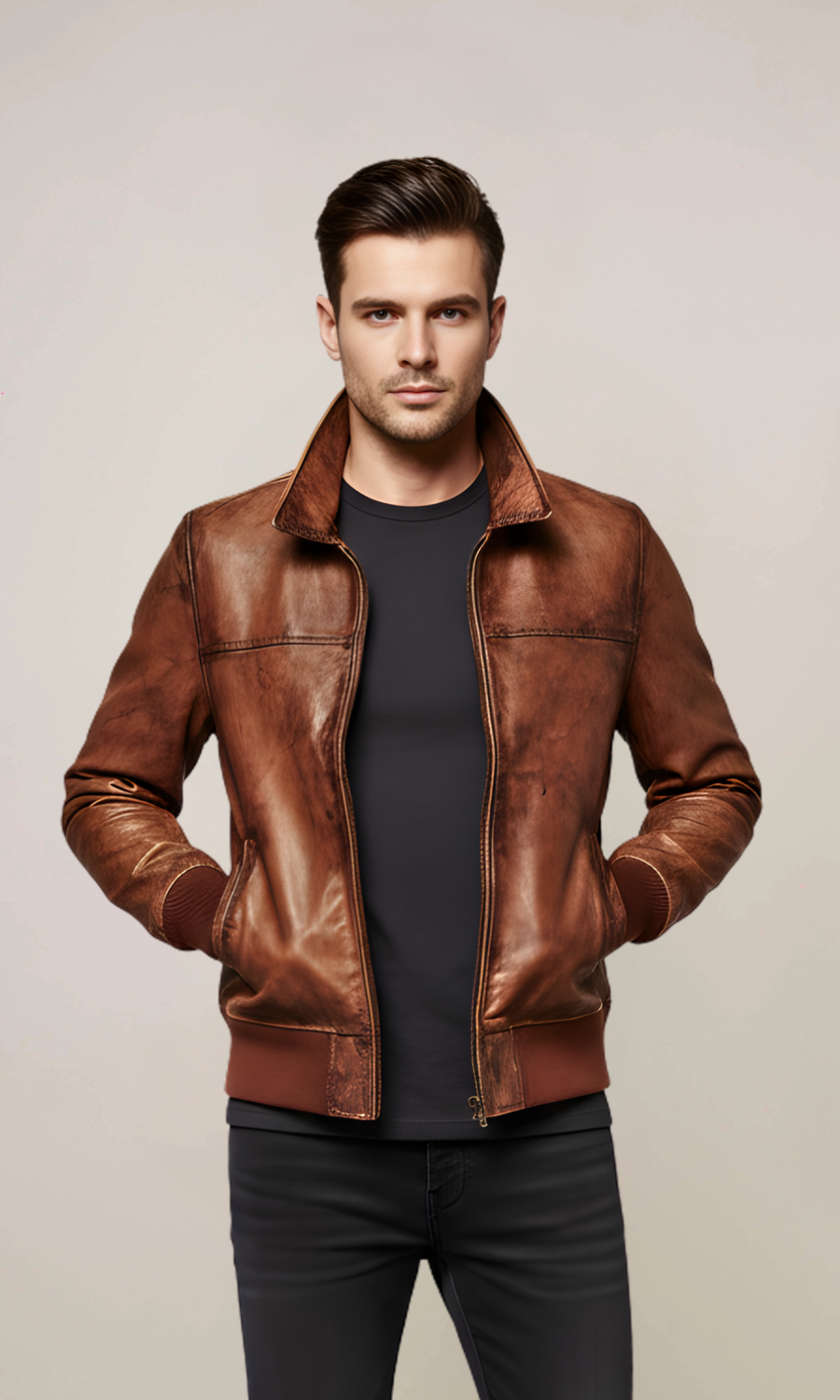 Men’s Brown Vintage Motorcycle Bomber Leather Jacket