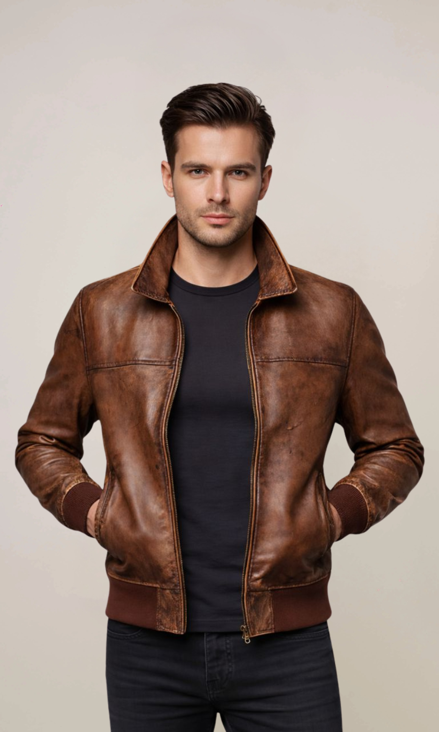 Men’s Brown Vintage Motorcycle Bomber Leather Jacket