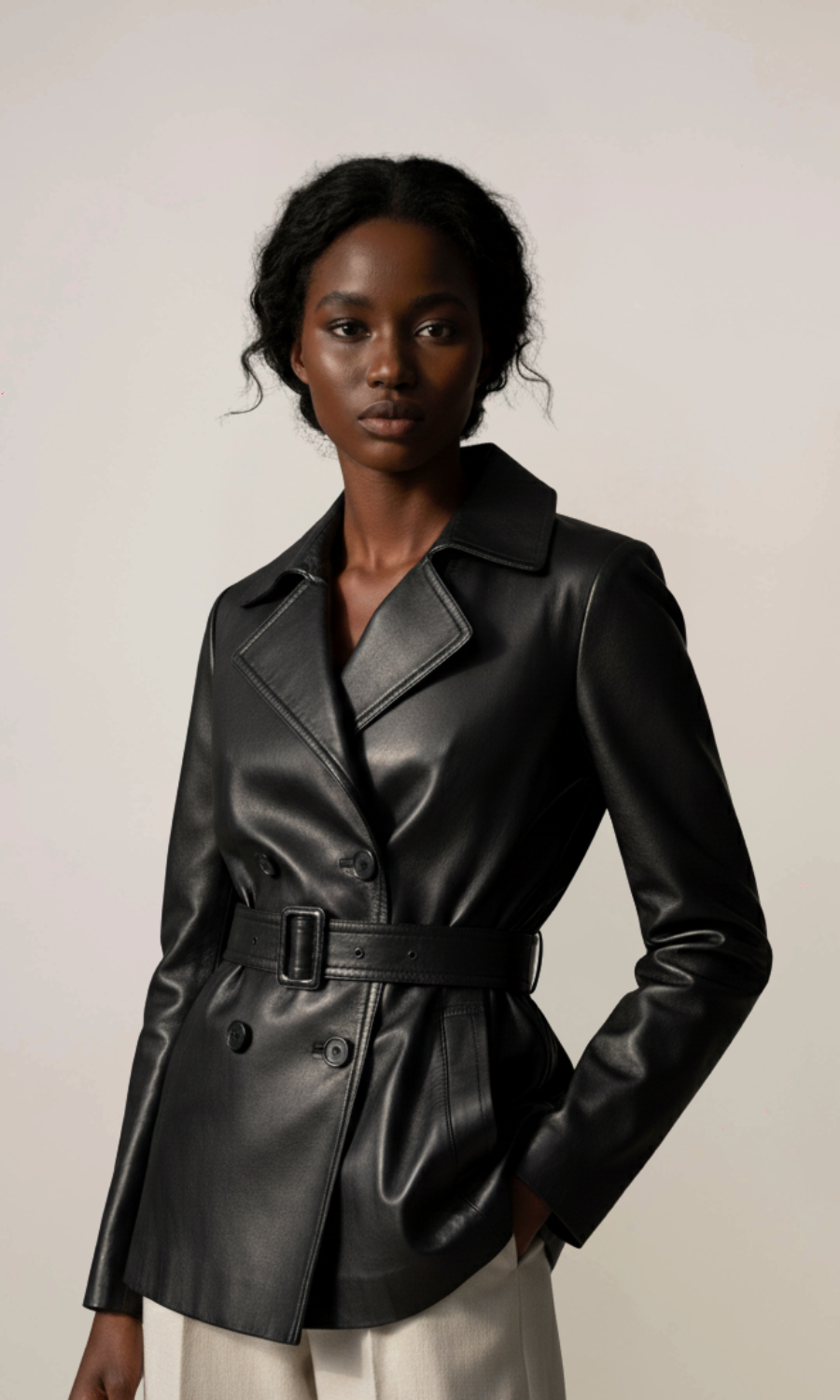 Women’s Black Belted Leather Coat