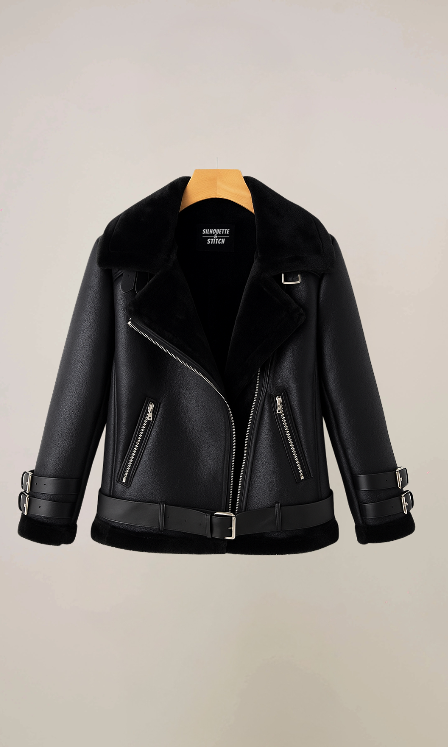 Women’s Black Fur Aviator Leather Jacket