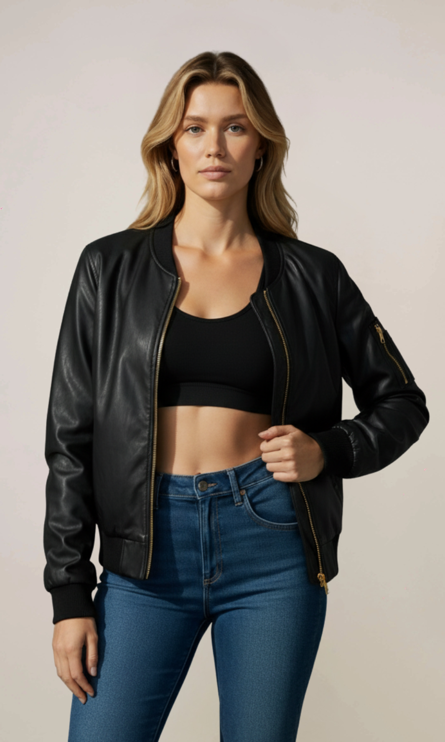 Women’s Black Zip Leather Bomber Jacket