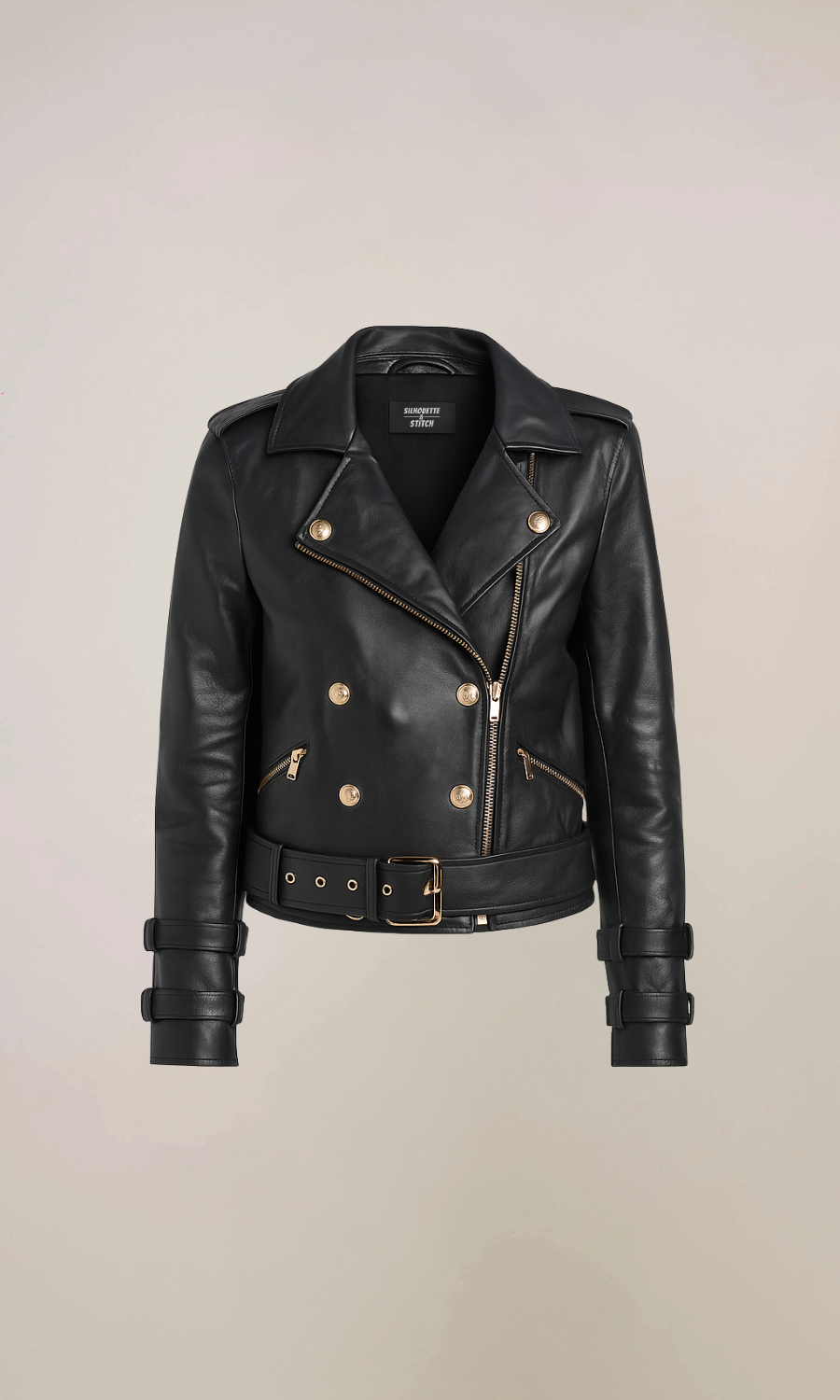 Women's Black Biker Belted Leather Jacket