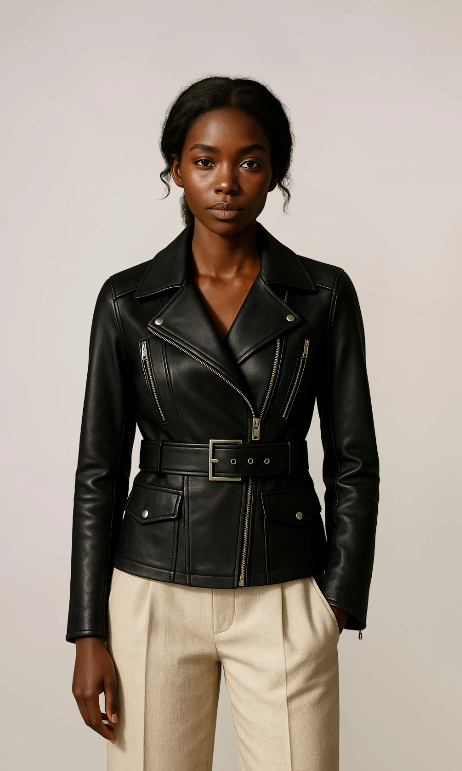 Women's Black Lambskin Belted Leather Jacket
