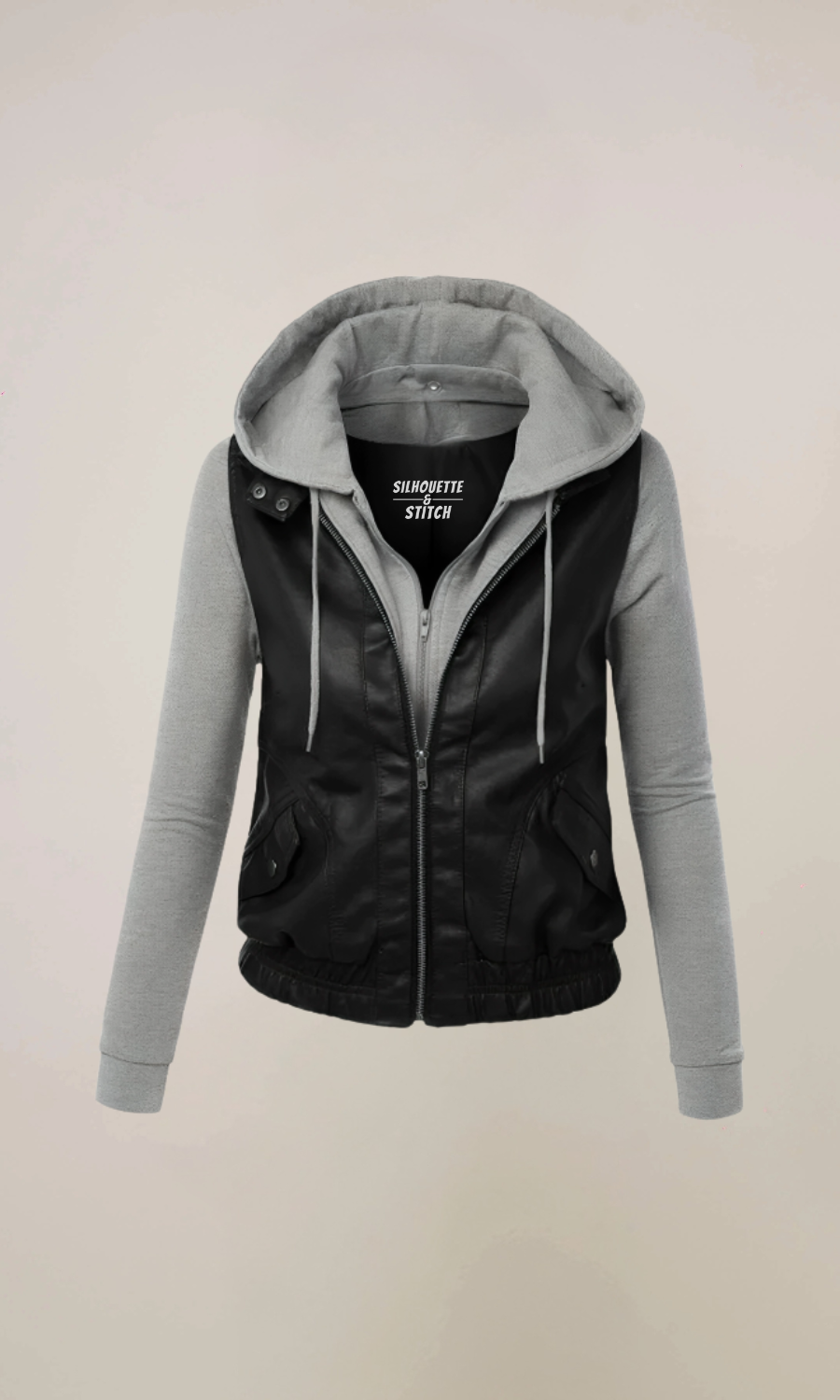 Women's Black & Grey Hooded leather Jacket