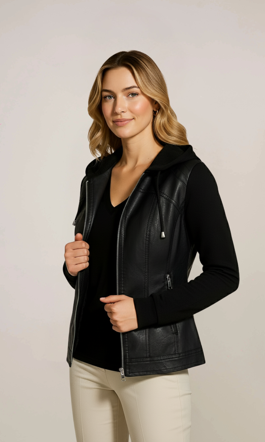 Women's Black Biker Hooded Leather Jacket