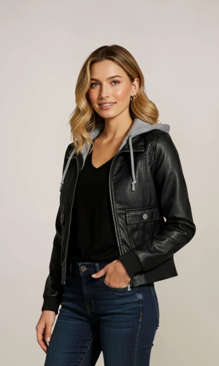 Women’s Black Zip Hooded Leather Jacket