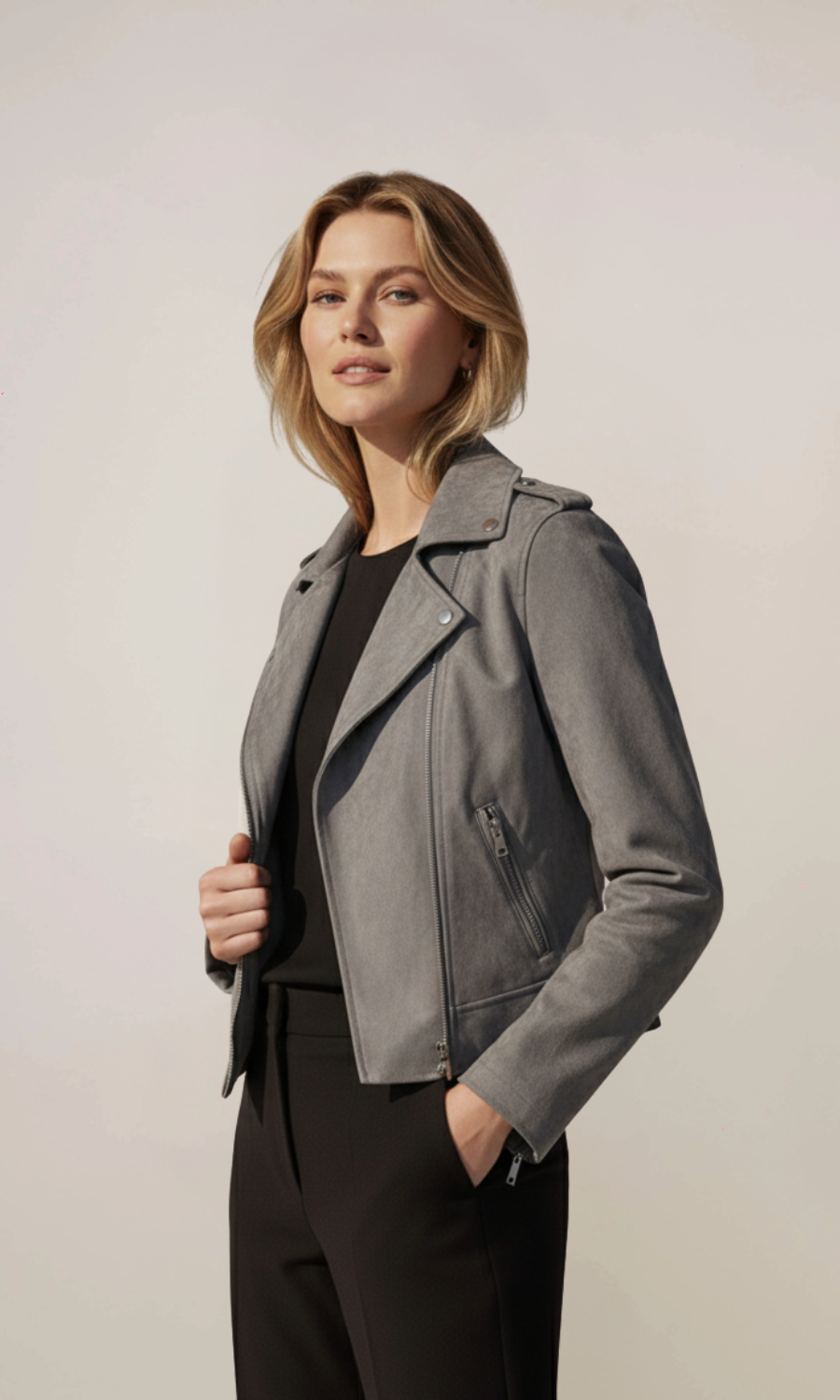 Women’s Grey Zip Suede Biker Leather Jacket