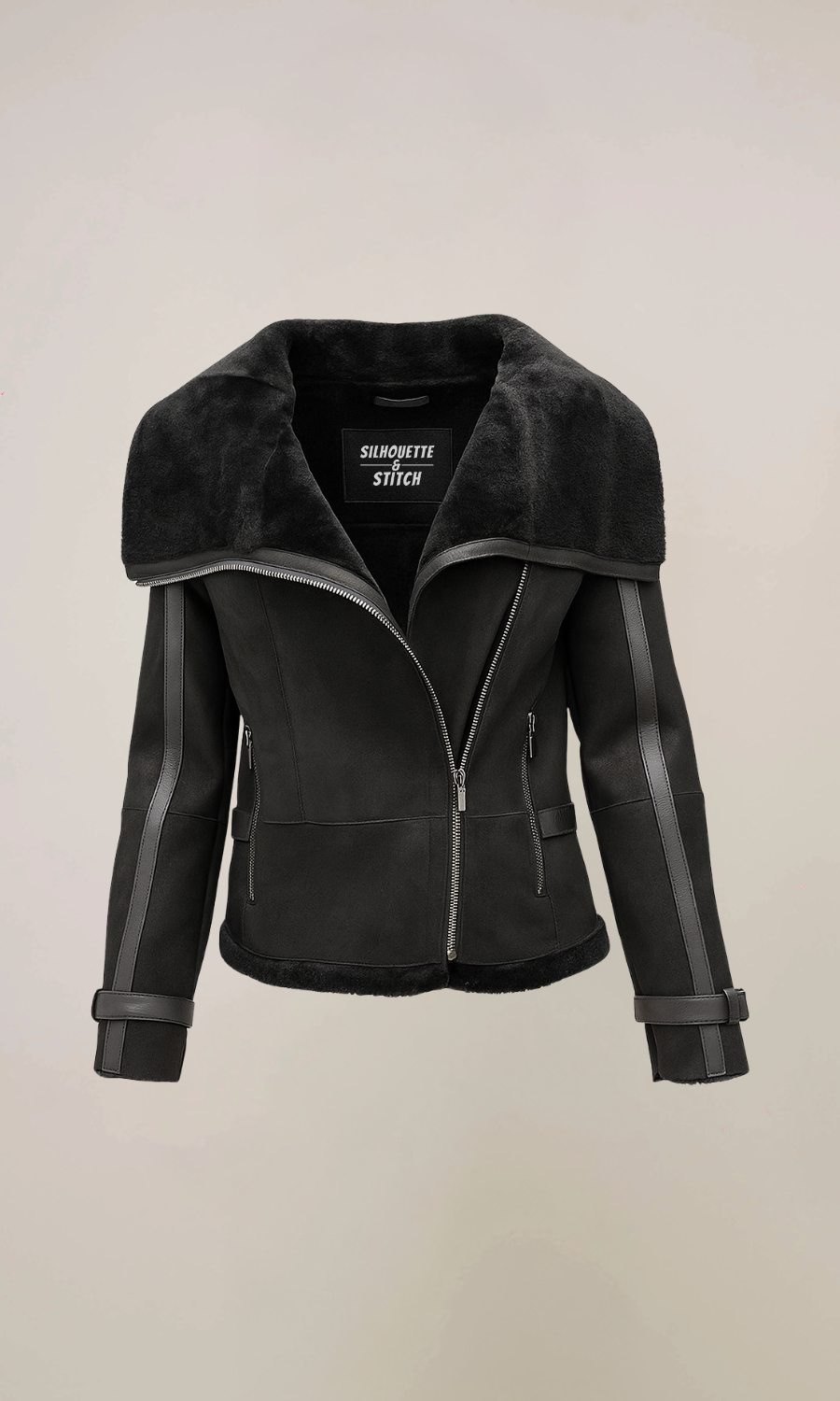 Women's Black Shearling Sheepskin Aviator Leather Biker Jacket