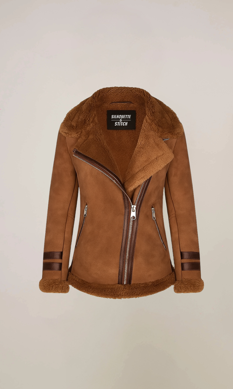 Women's Brown Shearling Biker Suede Aviator Leather Jacket