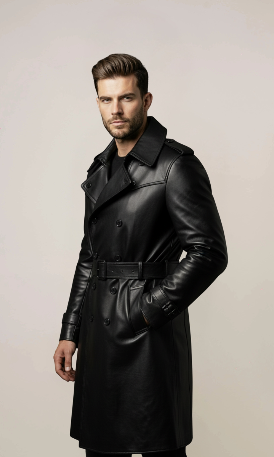 Men's Black Long Lambskin Leather Trench Coat