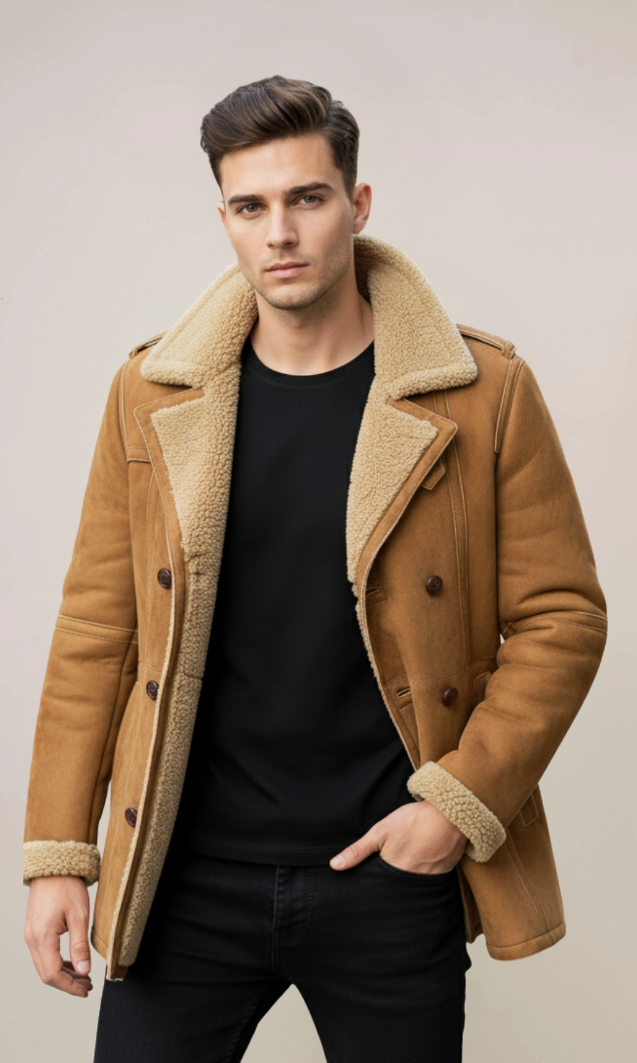 Men's Brown Shearling Sheepskin Leather Pea Coat