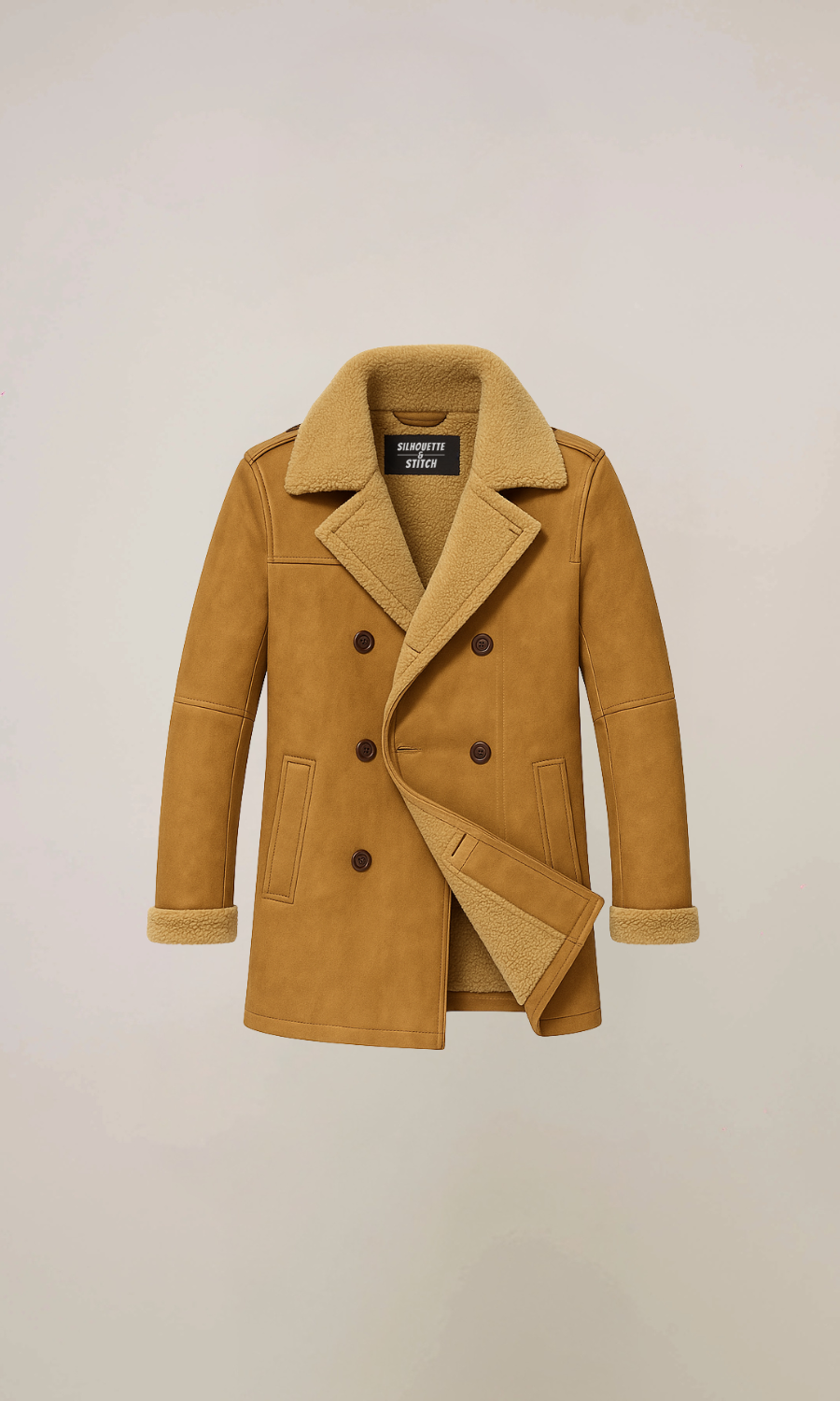 Men's Brown Shearling Sheepskin Leather Pea Coat