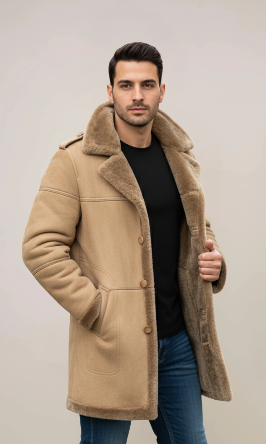Men’s Brown Long Fur Shearling Sheepskin Leather Coat