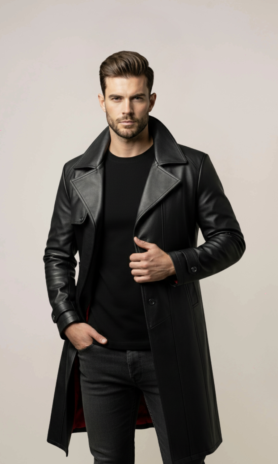Men's Genuine Goatskin Black Leather Trench Coat