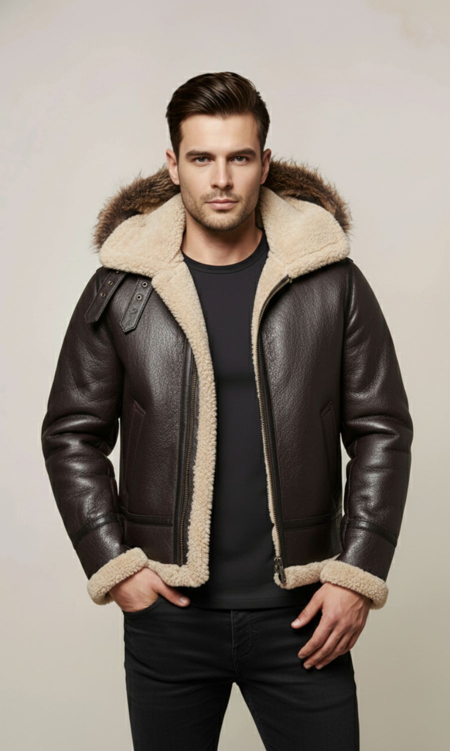 Men’s Brown Fur Shearling Sheepskin Leather Jacket
