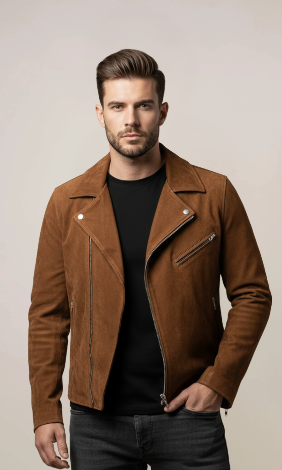 Men’s Brown Double Rider Suede Leather Jacket