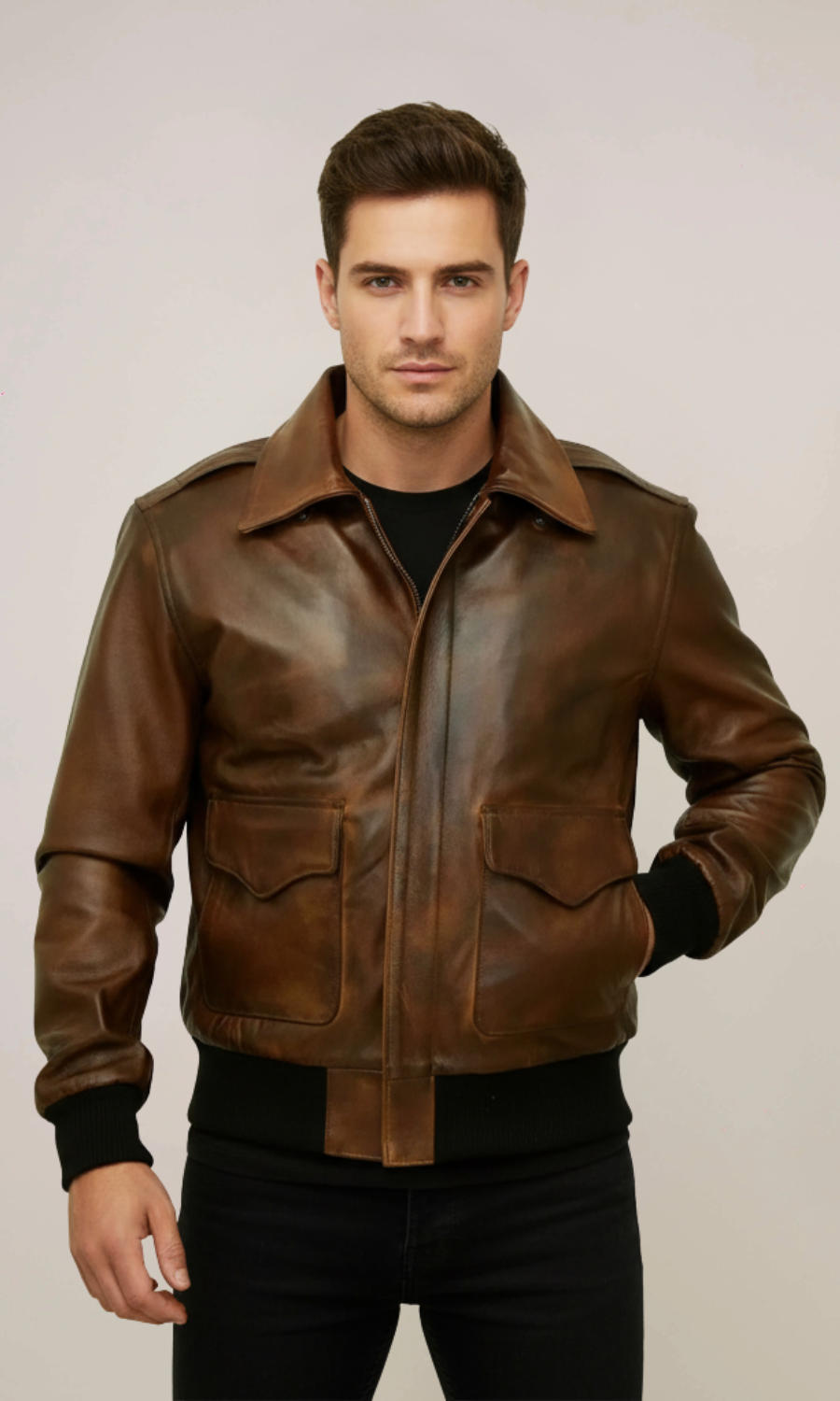 Aviator Brown Bomber Navy Distressed Leather Jacket