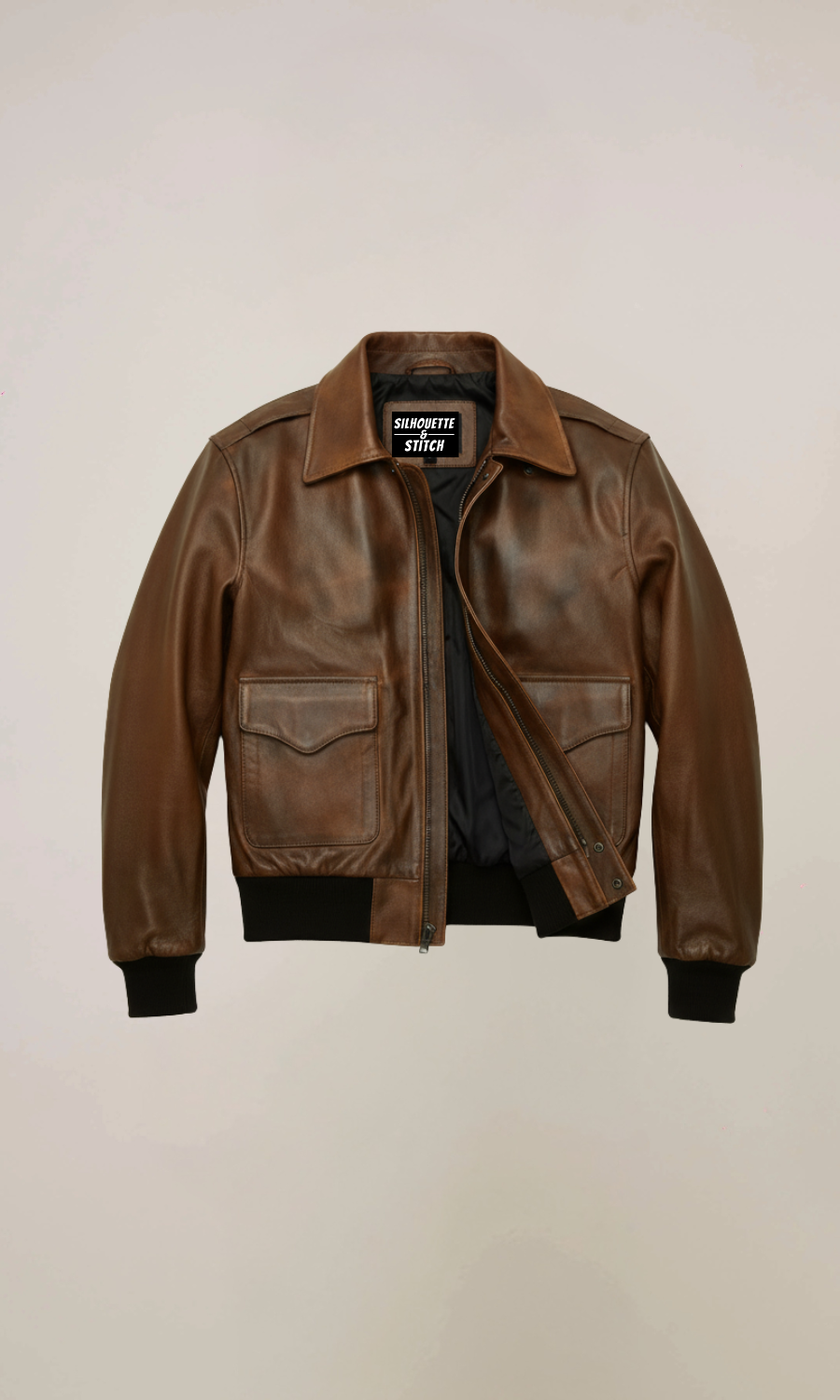 Aviator Brown Bomber Navy Distressed Leather Jacket