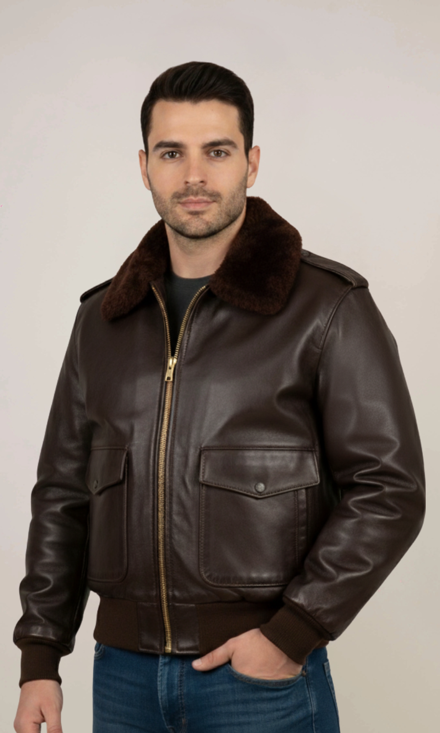 G1 Navy Bomber Leather Fur Jacket