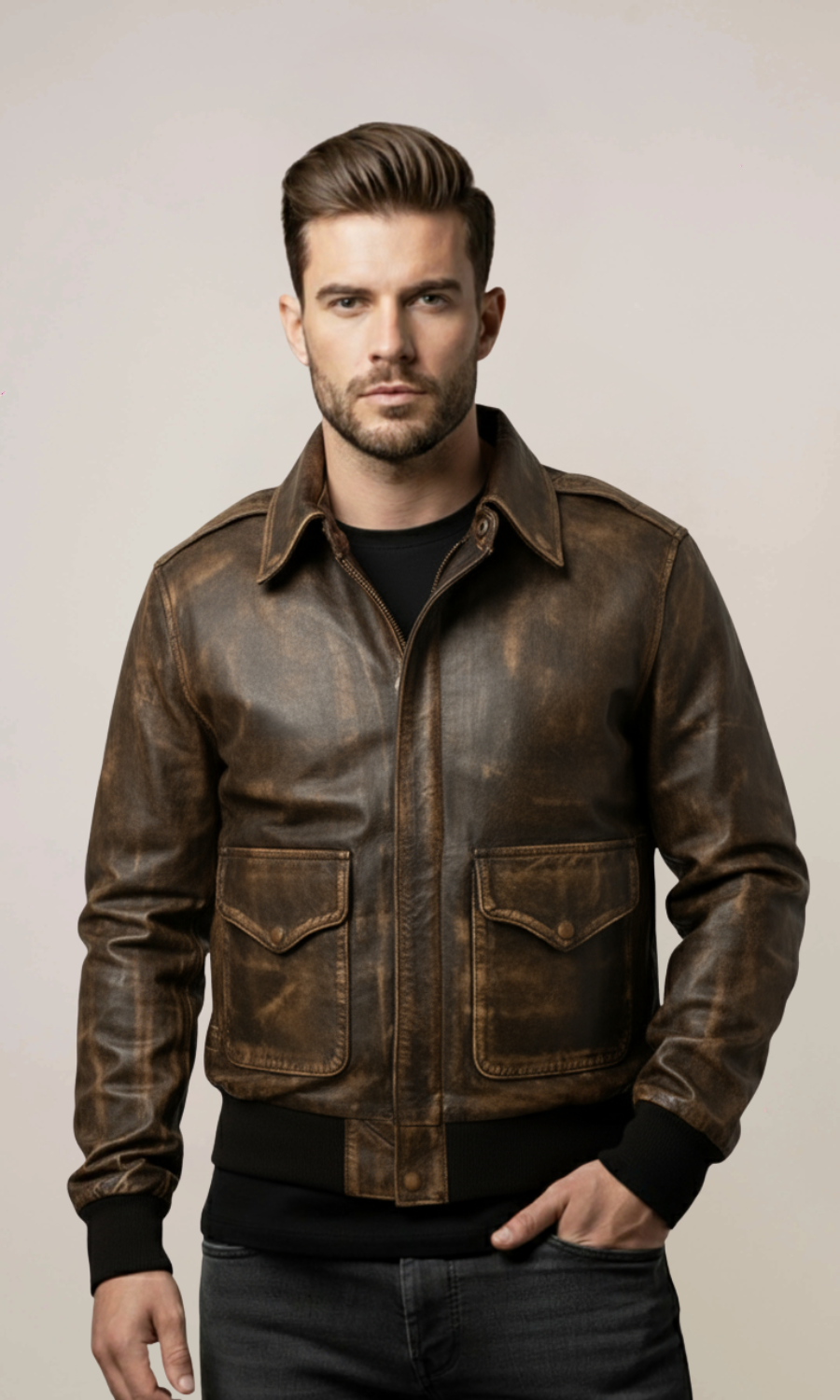 Distressed Aviator Air Force Leather Bomber Jacket