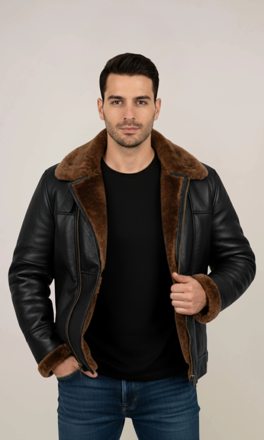 Men’s Black Aviator Bomber Fur Shearling Sheepskin Leather Jacket