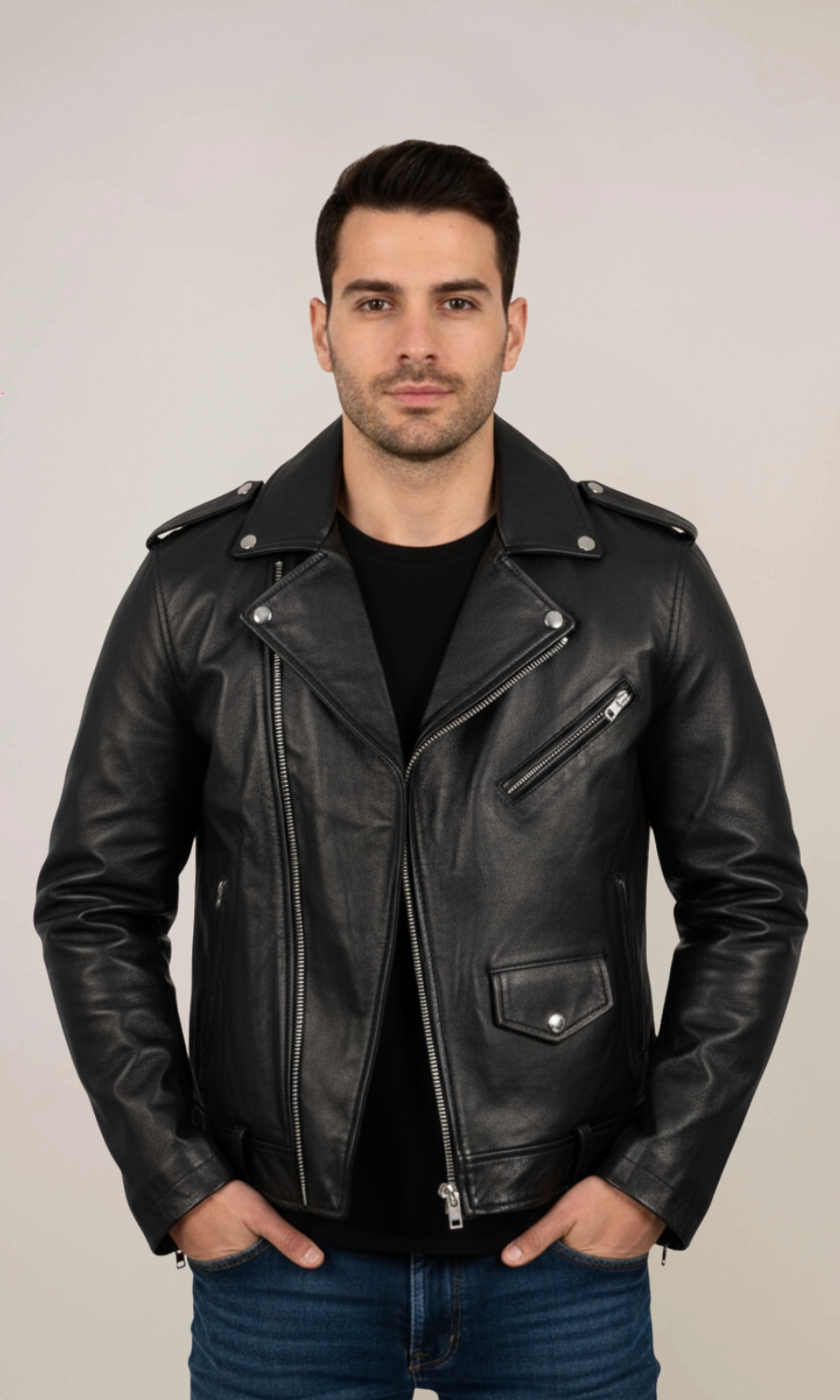 Men's Black Belted Leather Motorcycle Jacket