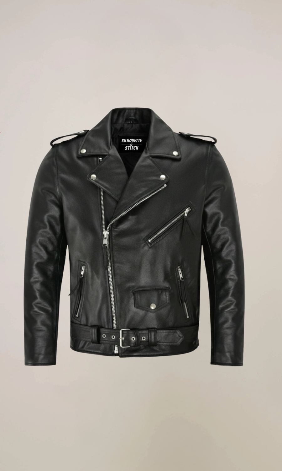 Men's Black Belted Leather Motorcycle Jacket