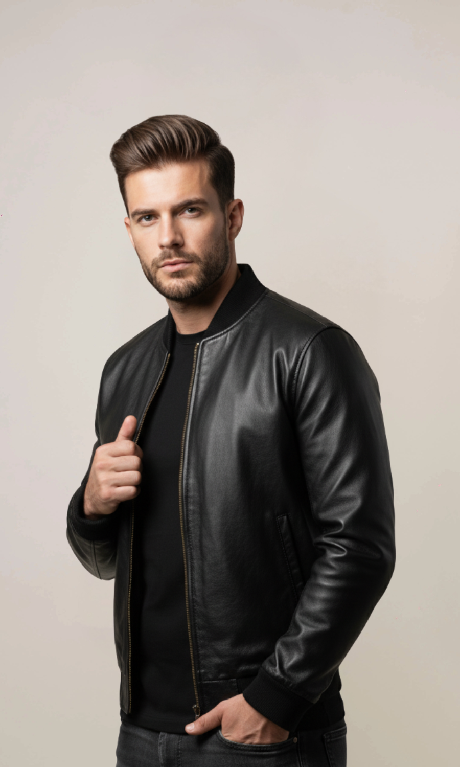 Men’s Black Zipper Bomber Leather Jacket