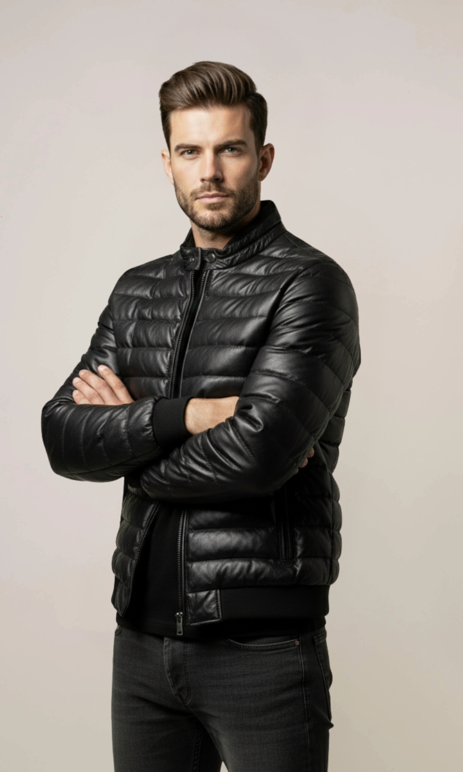 Men’s lambskin Black Puffer Bomber Leather Jacket