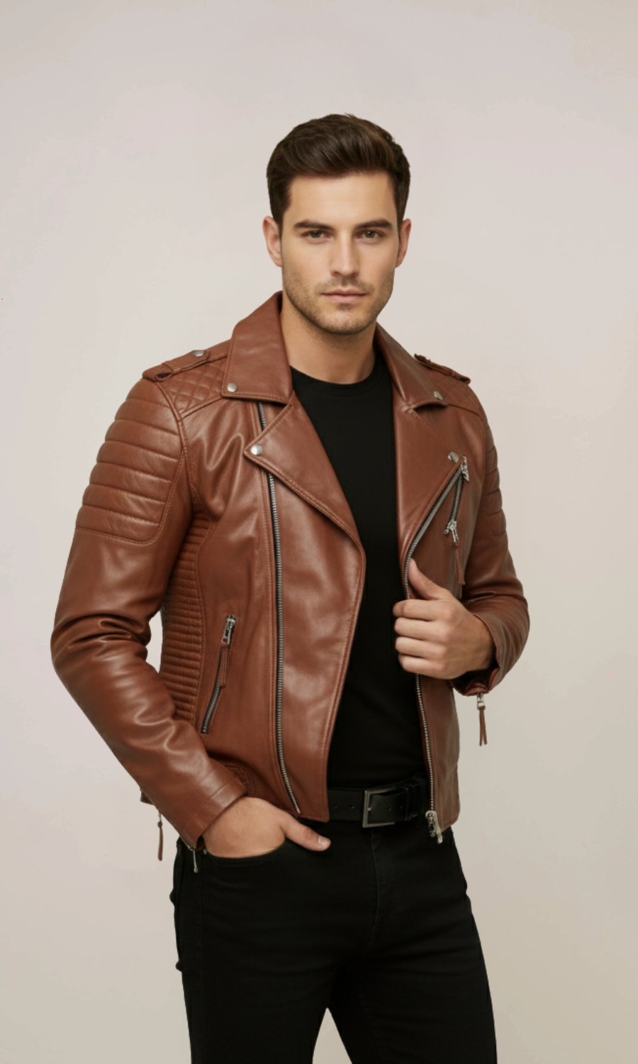 Men’s Tan Biker Leather Jacket