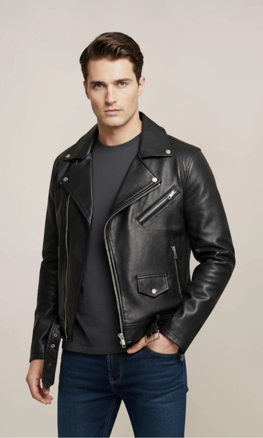 Men's Black Belted Leather Jacket