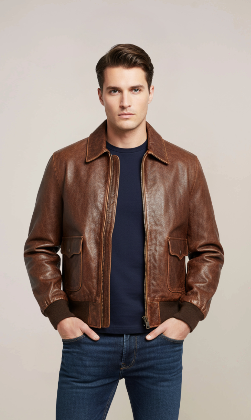 Aviator A2 Distressed Brown Cowhide Leather Bomber Jacket