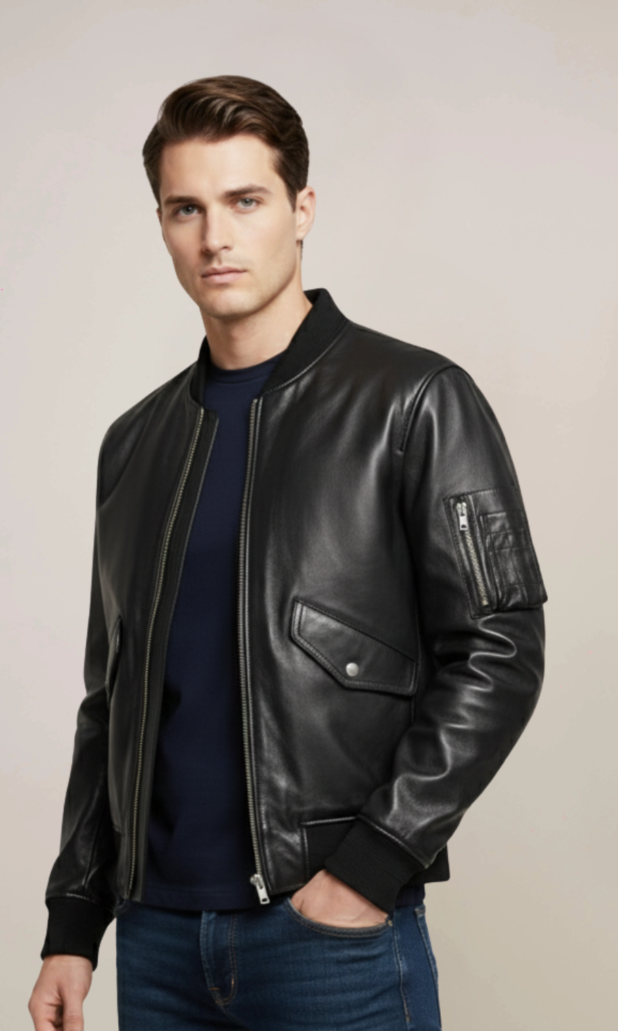 Men’s Black MA-1 Bomber Leather Jacket