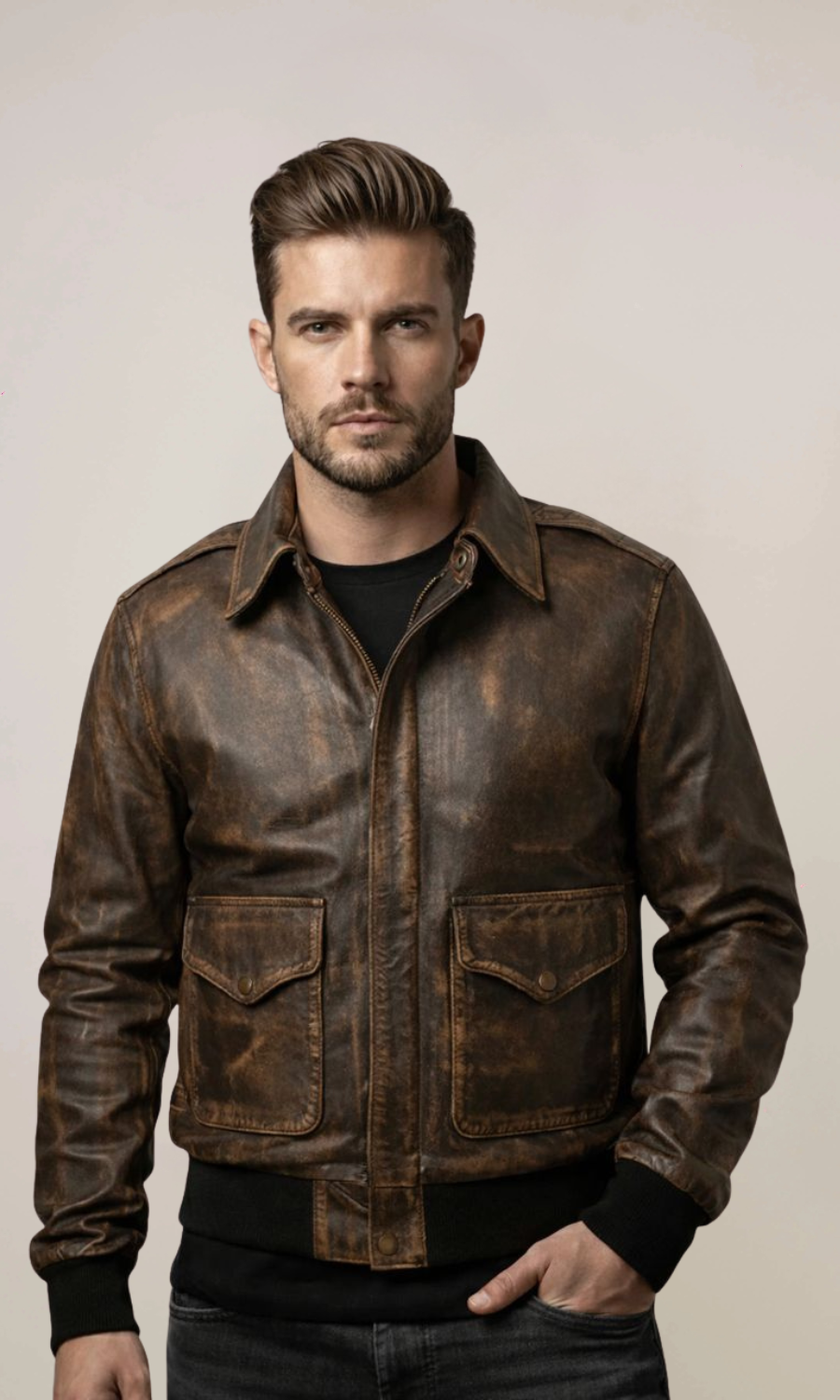 Distressed Aviator Air Force Leather Bomber Jacket