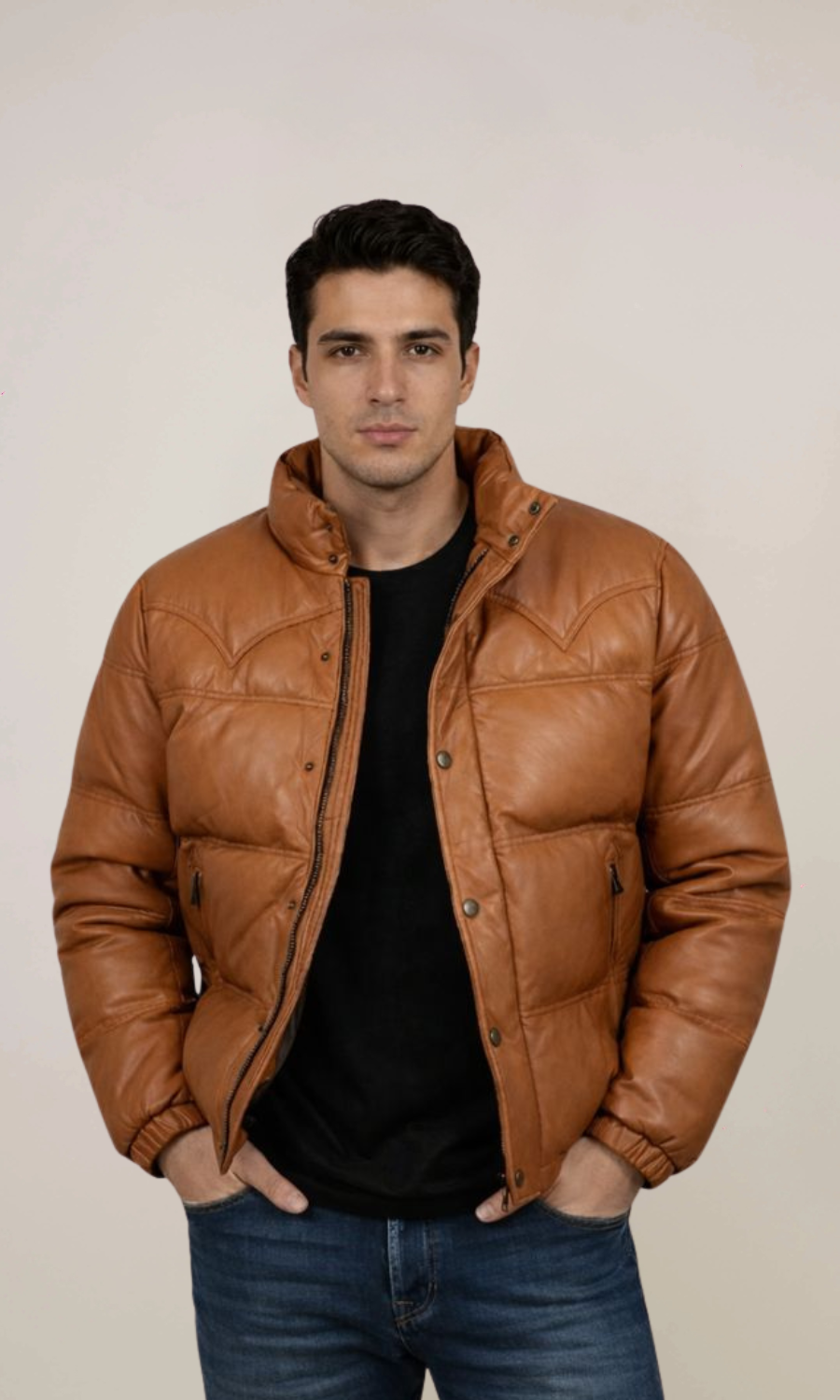 Men’s Leather Puffer Bomber Jacket