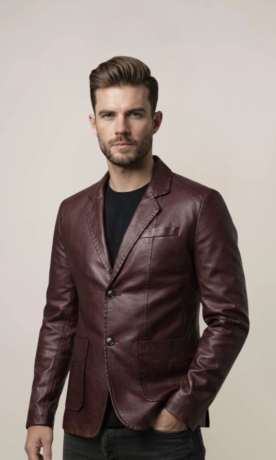 Men's Maroon Winter Leather Blazer Jacket